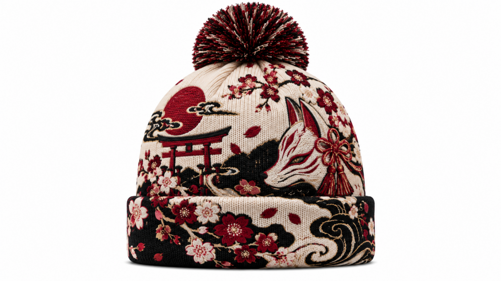 japanisch inspirierte fuchs motiv strickmütze