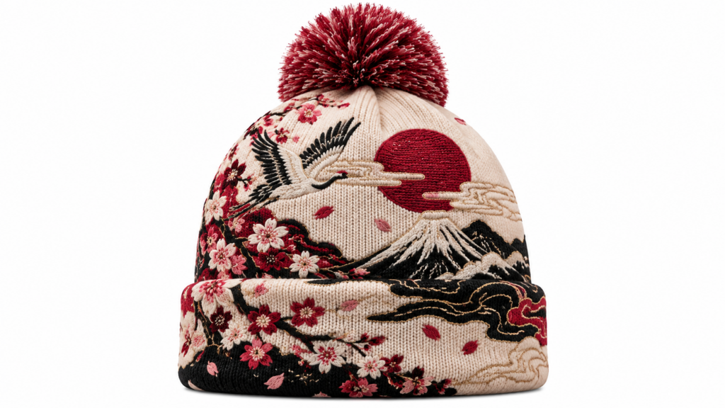 japanisch inspirierte kirschblüten mütze mit bommel